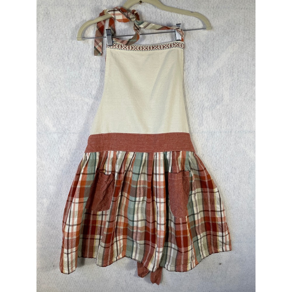 Vintage Style Plaid Ruffle Bib Apron Rust Orange Sage Green Cotton Linen One SZ